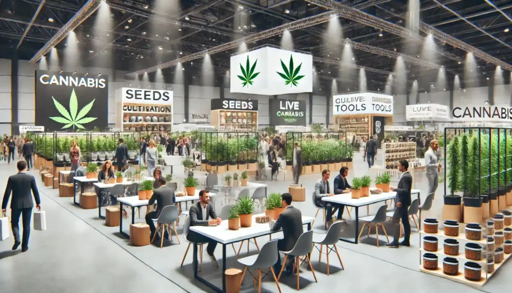 Indoor cannabis festival showcasing booths with live plants, seeds, cultivation tools, and seating areas for discussions under bright lights