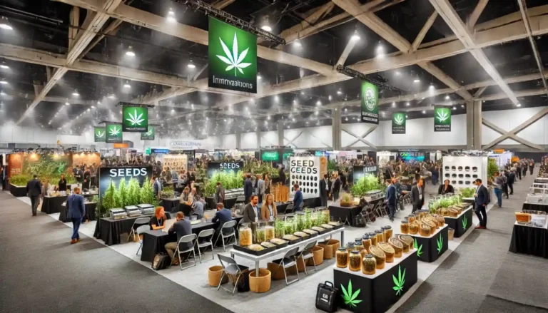 Large indoor cannabis expo featuring booths with live plants, jars of products, and banners displaying cannabis innovations and seeds