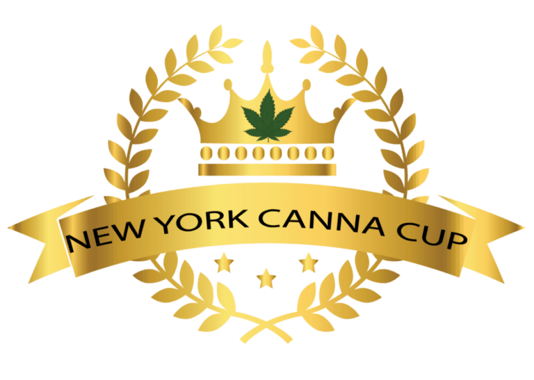 New York Canna Cup Logo. Shows a crown with a cannabis leaf and a ribbon