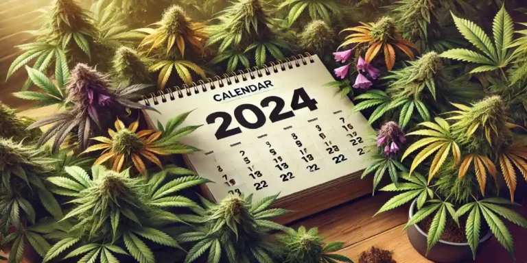 Calendar surrounded by colorful cannabis plants, symbolizing cannabis innovations and milestones for the year 2024