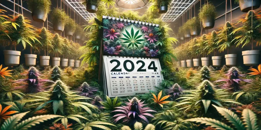 Indoor grow room with cannabis plants framing a 2024 calendar, highlighting cannabis advancements and achievements