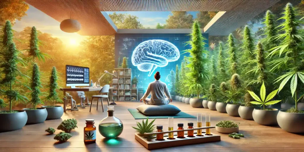 Peaceful indoor setting with a person meditating, cannabis plants, and scientific visuals exploring cannabis benefits for mental care