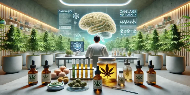 Scientist analyzing cannabis plants in a lab setting with visual data on mental health, surrounded by oils, buds, and test tubes