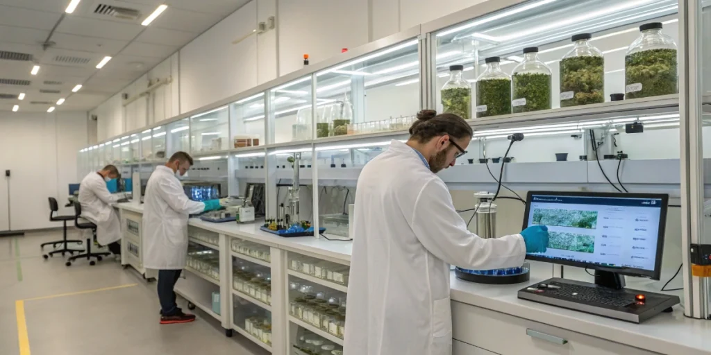 Scientists in a modern cannabis laboratory analyzing samples, with jars of dried cannabis and advanced equipment in the background.