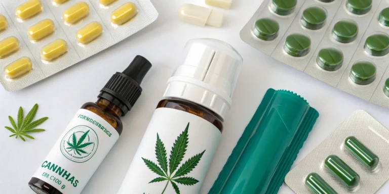 Assorted medical cannabis products, including tincture bottles, capsules, and tablets, arranged with a small cannabis leaf on a white surface.