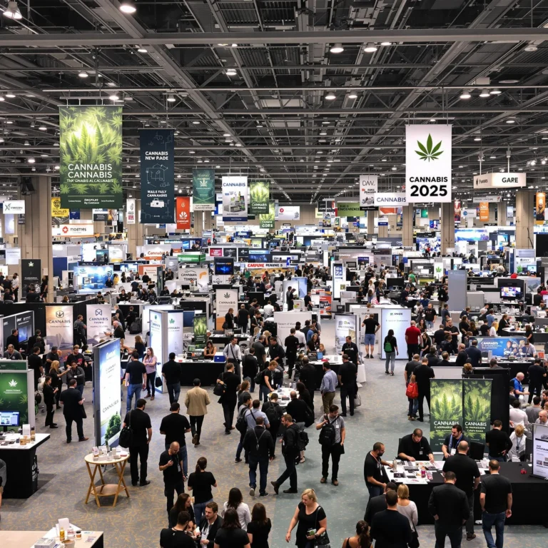 Cannabis trade show in the USA 2025 with booths, networking, and product displays.