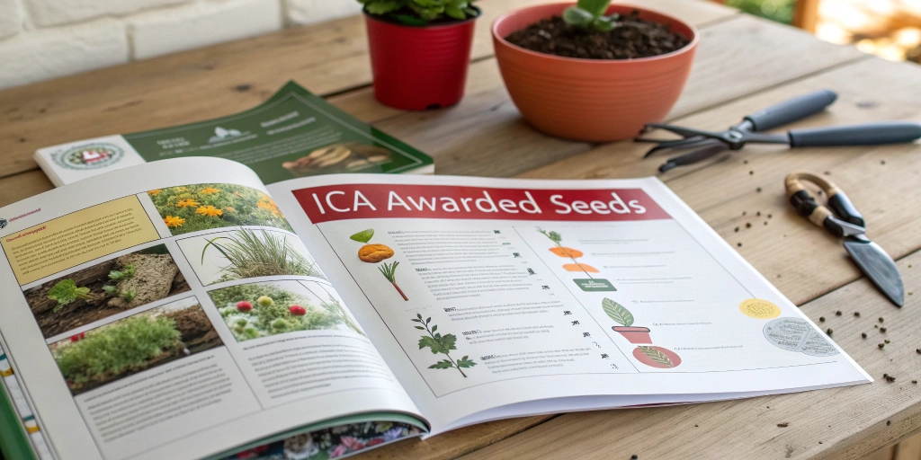 Seed catalog showcasing ICA Awarded Seeds prominently with clear labels and highlighted sections in a clean setting.