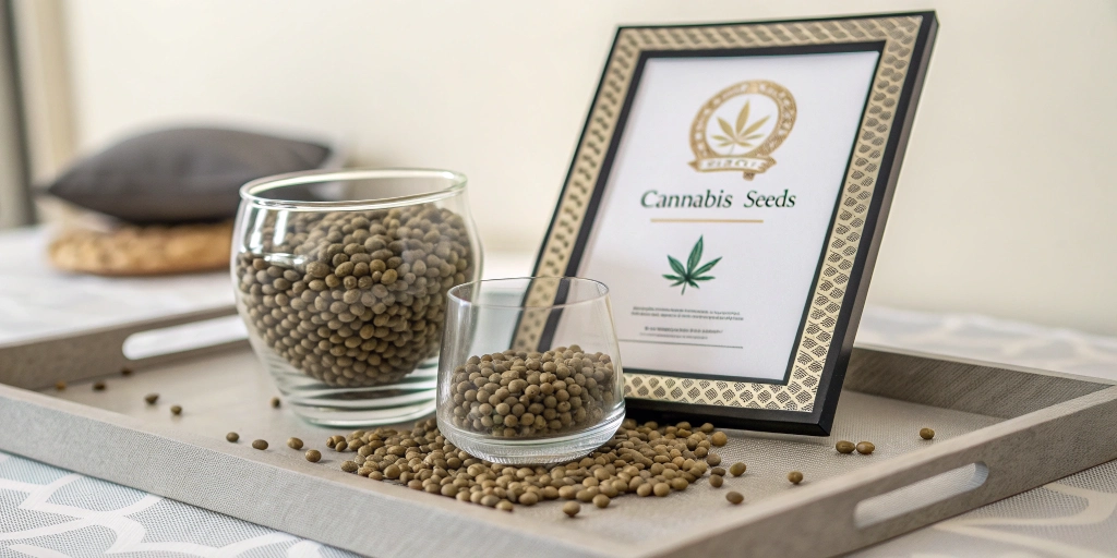 Artistic display of ICA Awarded Seeds with an award certificate on a stylish background highlighting top-quality cannabis seeds.