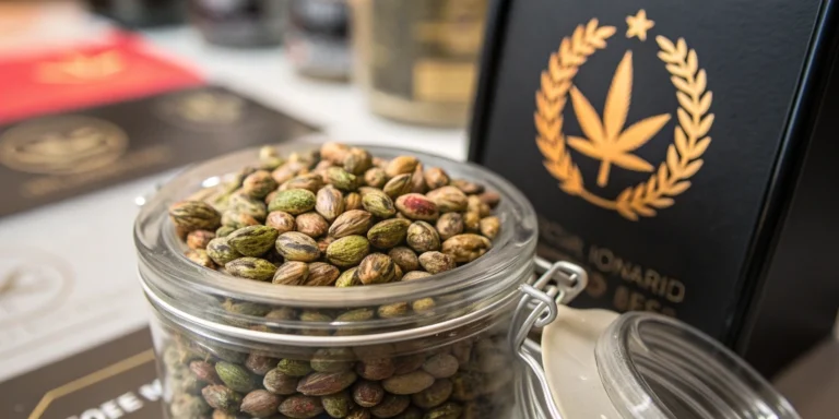 Close-up view of ICA Awarded Seeds in a clear container with an award emblem symbolizing international excellence.