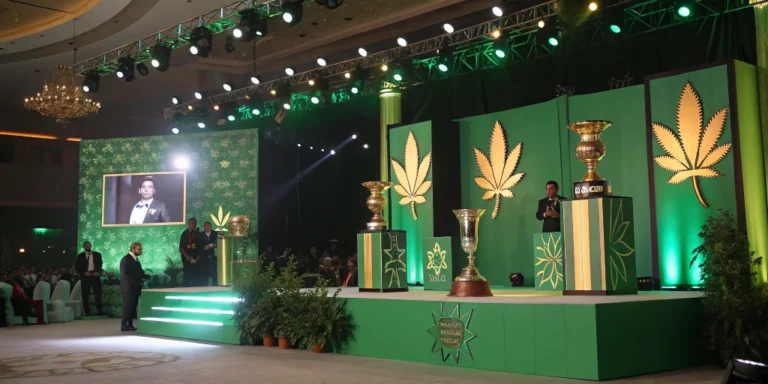 Award ceremony stage showcasing ICA Winners trophies and celebrating cannabis industry excellence.