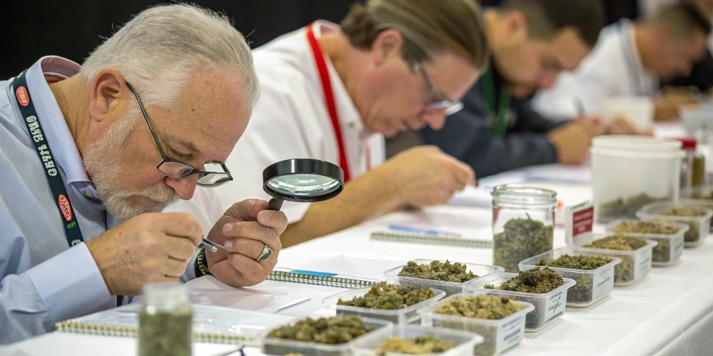 Expert judges evaluating cannabis products for ICA Winners recognition at a prestigious event.