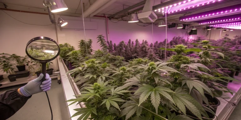 Gloved hand holding a magnifying glass over cannabis plants growing under LED lights.