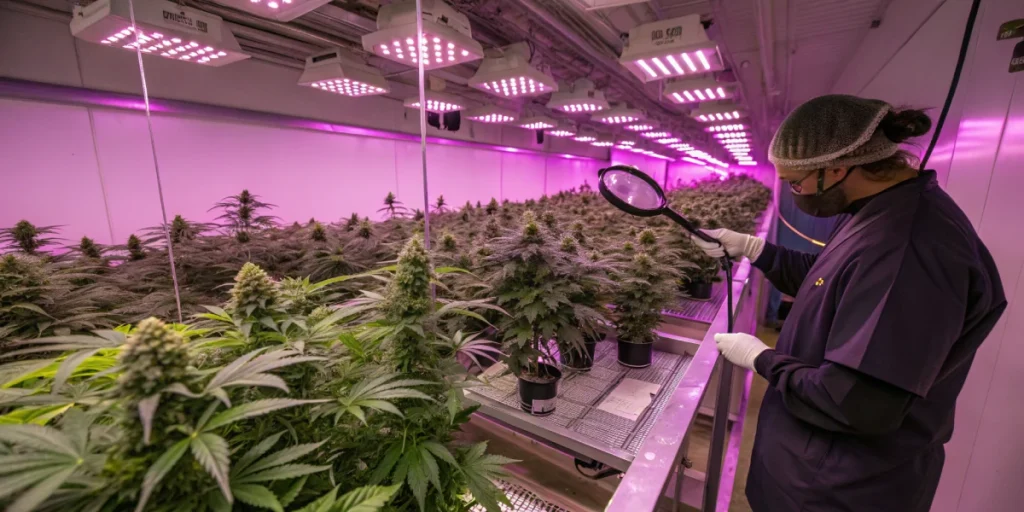 echnician inspecting cannabis plants under purple LED lights in a professional indoor cultivation facility.