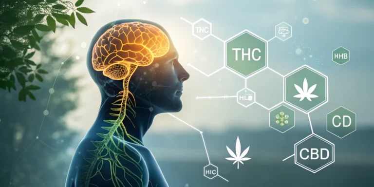 Illustration showing how cannabis compounds like THC and CBD interact with the brain and nervous system.
