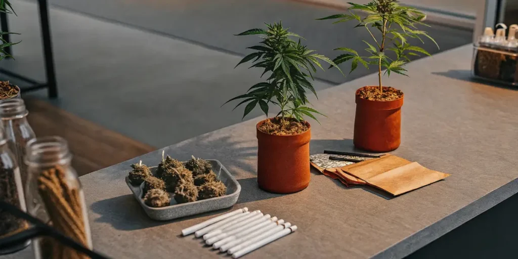 A cannabis educational display with potted plants, buds, pre-rolls, and informational materials arranged on a table.